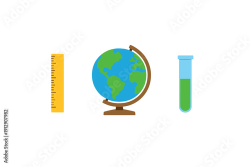A flat illustration featuring a yellow ruler, a terrestrial globe on a stand, and a glass test tube filled with green liquid, all arranged horizontally against a black background.