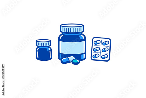This blue-toned illustration features two medicine bottles of different sizes, a blister pack containing capsules, and loose pills, presented on a dark black background.