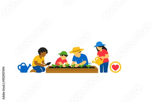 A flat illustration of a diverse group of people gardening together. They are planting seedlings in a raised bed using tools like a trowel and a watering can on a black background.