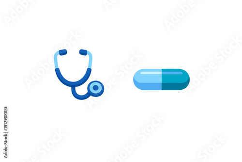 This minimalist illustration features a blue stethoscope and a blue capsule pill on a black background. It represents medical care, pharmacy services, and general healthcare concepts.