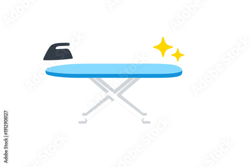 A flat illustration of a blue ironing board with a dark grey iron resting on it. Two yellow sparkles appear above the board, suggesting cleanliness and freshly pressed laundry.