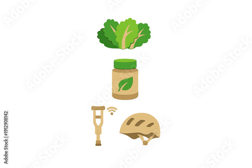 A collection of flat icons featuring green leafy vegetables, a health supplement jar with a leaf label, a medical crutch with a signal icon, and a tan safety helmet on a black background.