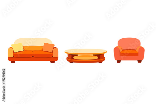 A 3D illustration of a living room furniture set featuring an orange sofa with pillows, a round coffee table, and a matching armchair isolated on a black background.