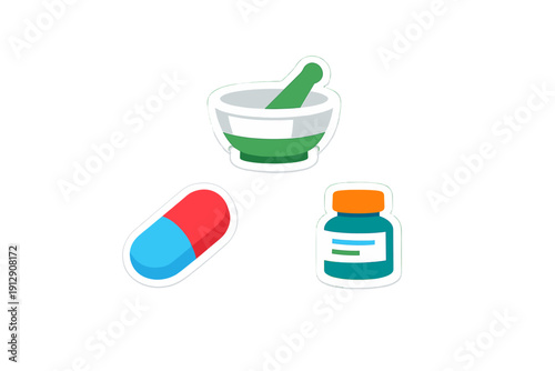 A collection of medical icons featuring a green mortar and pestle, a red and blue capsule pill, and a teal medicine bottle with an orange cap, all set against a black background.