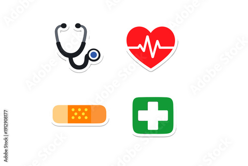 A collection of four medical icons including a stethoscope, a red heart with a heartbeat line, an adhesive bandage, and a green first aid cross symbol on a black background.
