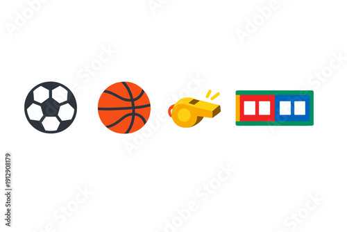 A collection of four sports-related icons including a soccer ball, a basketball, a yellow whistle, and a digital scoreboard, all presented in a flat illustration style on a black background.