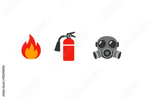 Three safety and emergency icons including a bright fire flame, a red fire extinguisher, and a grey gas mask are displayed in a row against a plain black background.