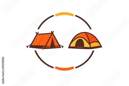 A flat vector illustration featuring two orange camping tents, a classic A-frame and a modern dome style, enclosed within a circular frame on a solid black background.