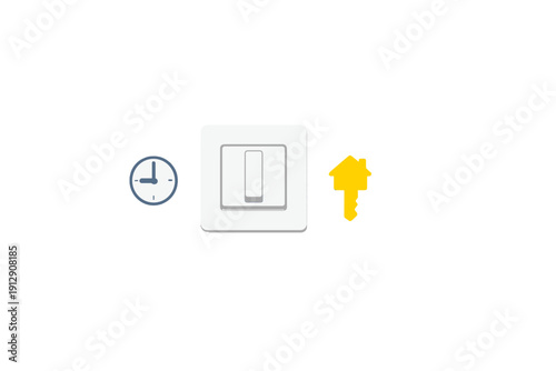 A white light switch is positioned between a blue clock showing nine o'clock and a yellow house-shaped key, all set against a solid black background in a minimalist style.