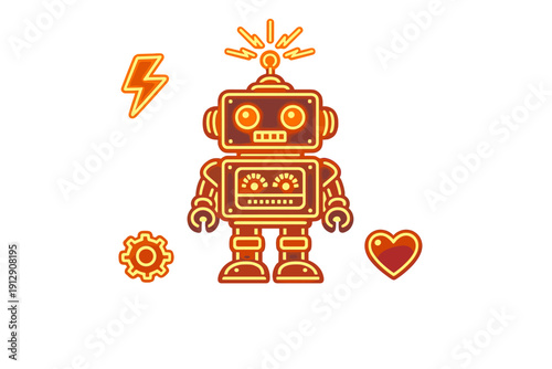 A glowing orange neon robot illustration on a black background, surrounded by a lightning bolt, a gear, and a heart icon. The retro-style character features bright yellow outlines.