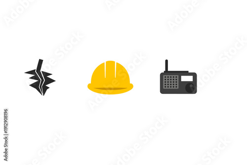 Three flat vector icons on a black background featuring a cracked surface symbol, a yellow construction hard hat, and a grey portable radio with an antenna.
