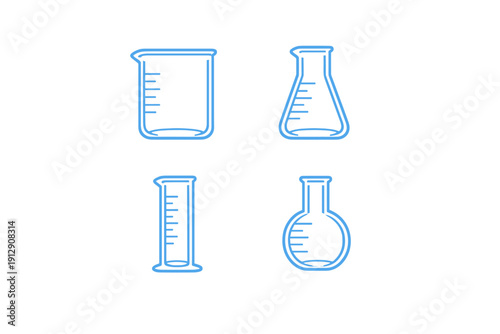 A set of four blue laboratory glassware icons including a beaker, Erlenmeyer flask, graduated cylinder, and round-bottom flask, presented as minimalist line art on a black background.
