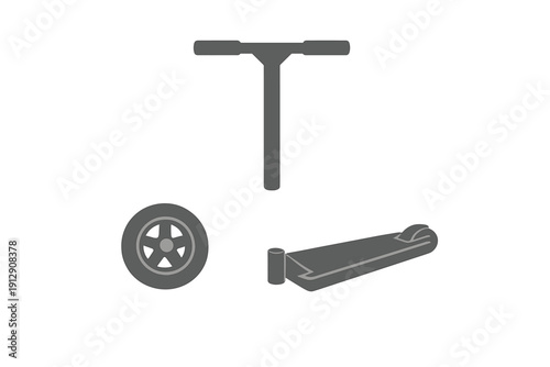 A minimalist vector illustration of a disassembled kick scooter, featuring the handlebars, a single wheel, and the deck with a rear brake, all in dark gray on a black background.