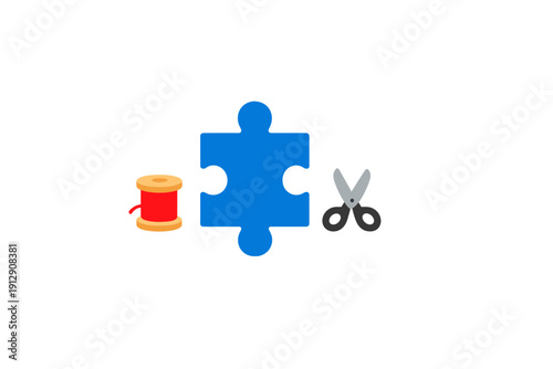 A single blue jigsaw puzzle piece is centered between a wooden spool of red thread and a pair of black scissors, all set against a plain black background for a clean look.