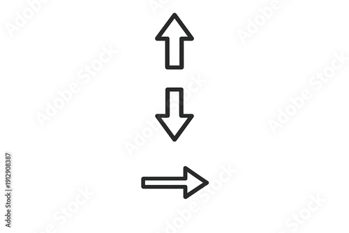 A minimalist illustration featuring three white outline arrows on a solid black background. The arrows point in different directions including up, down, and to the right side.