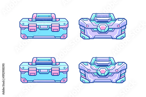 Four stylized futuristic containers or loot crates displayed in a grid. The vector art features a sci-fi design with pastel colors and bold outlines against a dark background.