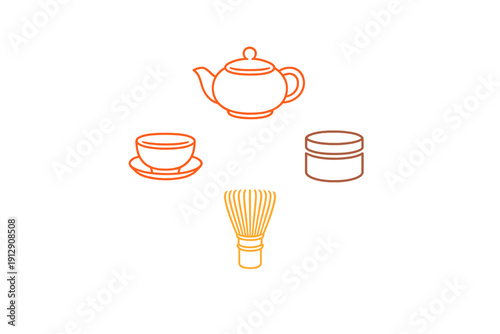 A set of four orange line art icons representing a traditional tea ceremony, including a teapot, a teacup on a saucer, a small jar, and a bamboo matcha whisk on a black background.