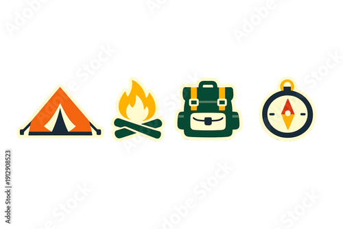 A set of four camping icons including an orange tent, a campfire, a green backpack, and a compass, all designed in a flat sticker style against a solid black background.
