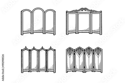 Four different hand-drawn illustrations of folding screens or room dividers in a woodcut style. The set includes various panel designs with arched, pointed, and decorative tops.