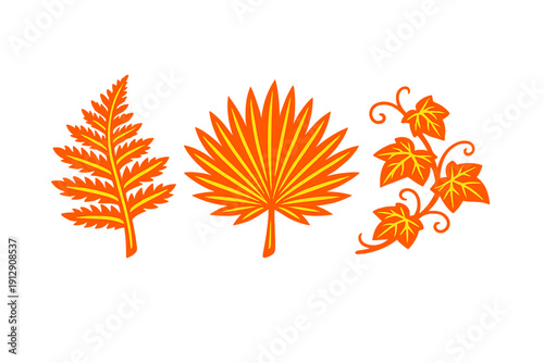 Three stylized orange and yellow leaves are displayed against a solid black background. The set includes a fern frond, a fan palm leaf, and a climbing ivy vine with several leaves.