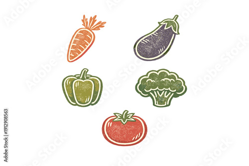 A collection of five stylized vegetable illustrations including a carrot, eggplant, green bell pepper, broccoli, and tomato, featuring a textured hand-drawn style on a black background.