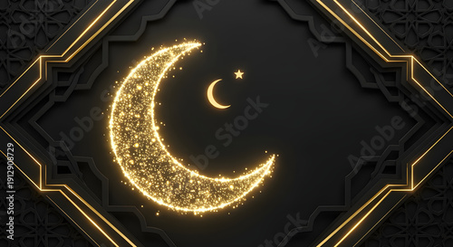 Golden Glowing Crescent Moon with Sparkling Light on Elegant Black Islamic Geometric Background, Luxury Ramadan Kareem Celebration Banner Design with Star and Ornamental Frame