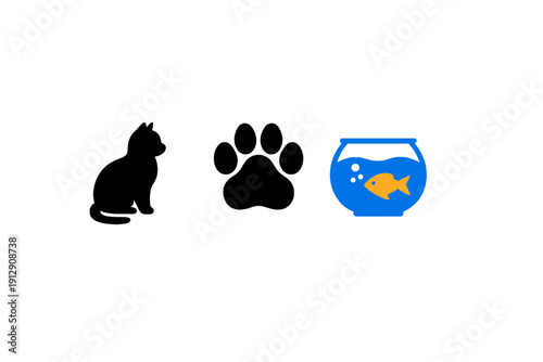 This graphic shows a blue glass fishbowl containing a single orange goldfish and air bubbles against a black backdrop, with a faint cat pawprint silhouette nearby.