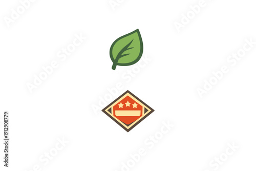 A green leaf icon is positioned above a red diamond-shaped badge featuring three stars and a horizontal bar. Both graphic elements are isolated against a solid black background.