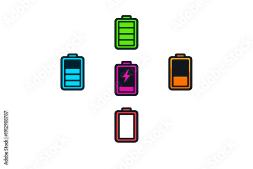 A collection of five glowing battery status icons in various colors like green, blue, orange, red, and pink, displayed against a dark background to indicate power levels.