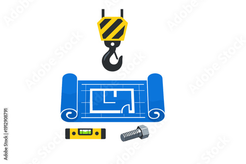 An illustration featuring construction elements including a crane hook, a blue architectural blueprint, a yellow spirit level, and a metal bolt isolated on a black background.