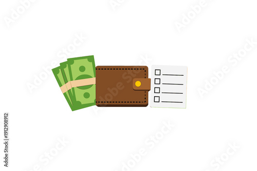 A flat illustration featuring a brown wallet positioned between a stack of green banknotes and a white checklist with checkboxes, all set against a solid black background.
