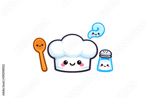 A cute kawaii illustration featuring a smiling chef hat, a wooden spoon, a salt shaker, and a blue steam swirl with happy faces, set against a solid black background.