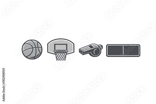 A set of four grayscale basketball-themed icons featuring a ball, a hoop with a net, a referee whistle, and a digital scoreboard display, all arranged horizontally on a black background.