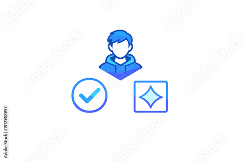 A blue gradient graphic featuring a stylized male avatar wearing a hoodie, positioned above a checkmark icon and a four-pointed star symbol on a solid black background.