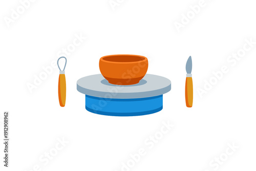 A flat illustration of an orange clay bowl sitting on a blue pottery wheel, flanked by two sculpting tools on a black background. Ideal for pottery and craft themes.