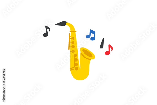 A yellow saxophone illustration with colorful musical notes floating around it on a solid black background. This flat design graphic depicts a woodwind instrument in a simple style.
