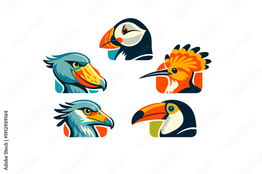 Fototapeta premium A collection of five stylized bird head icons featuring a puffin, shoebill, hoopoe, secretary bird, and toucan. The vector illustrations use bold colors against a black background.