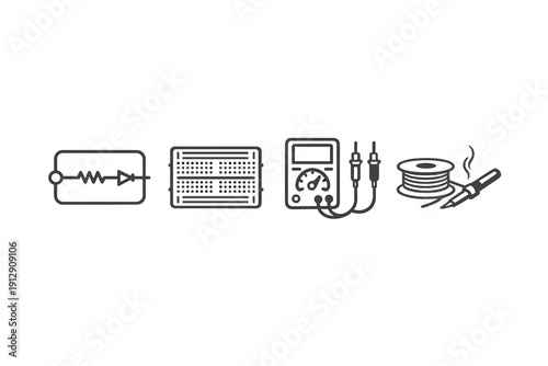 A set of four white icons on a black background representing electronics engineering tools, including a circuit diagram, a breadboard, a multimeter, and a soldering iron with solder.