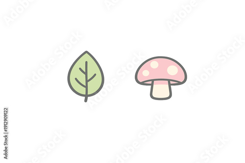 A minimalist illustration featuring a single green leaf and a pink mushroom with white spots, both set against a solid black background in a cute, cartoonish style with thick outlines.