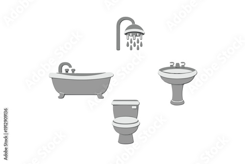 A collection of four grey bathroom fixtures including a shower head, a bathtub, a pedestal sink, and a toilet, presented in a minimalist illustration style on a black background.