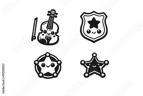 This set includes four minimalist black and white illustrations of a violin and various law enforcement badges, each featuring a charming kawaii face on a solid black background.