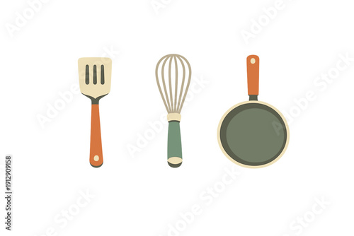 A minimalist illustration featuring three kitchen utensils: a slotted spatula, a wire whisk, and a small frying pan, all presented in a retro style against a solid black background.