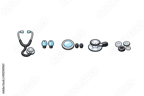 A complete medical stethoscope is shown alongside its individual components like ear tips and chest pieces, all rendered in a stylized cartoon aesthetic on a black background.