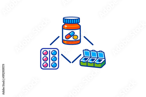 This vector graphic features a medicine bottle, a blister pack with pink and blue pills, and a green pill organizer, all connected by lines on a black background.