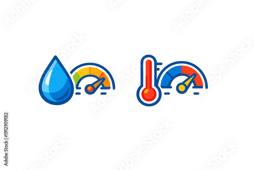 Two colorful icons representing humidity and temperature levels. The left icon shows a blue water drop with a gauge, while the right features a red thermometer with a similar gauge.
