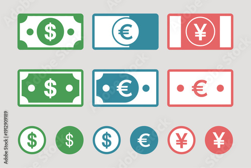International Banknotes Icon, Dollar, Euro, and Yen Currency Symbols