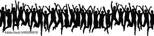 Jumping happy crowd silhouette, diverse group of people celebrating success with raised hands isolated on white background