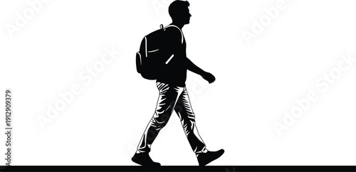 Black silhouette of a male student walking with backpack, isolated on white background for education, travel, school and university design.