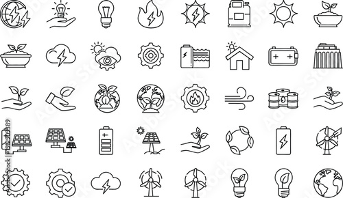 Renewable Energy and Sustainability Line Icon Set with Solar Power, Wind Turbines, Battery Storage, Ecology, and Clean Technology Symbols for Web and App Design