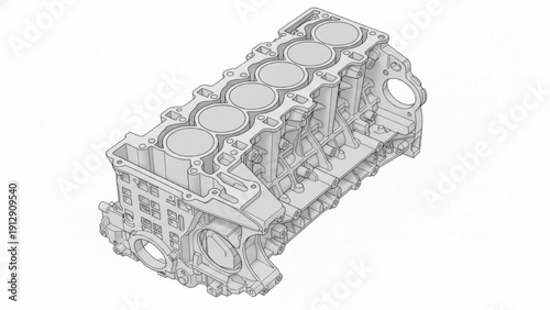 Inline 6 Cylinder Engine Block CAD Engineering Technical Illustration on White Background